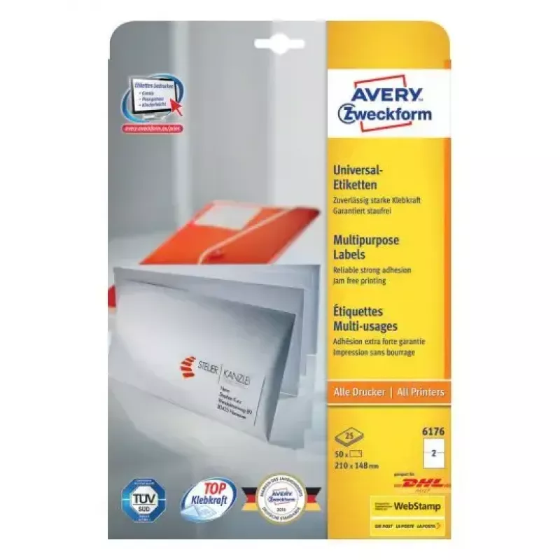 Uzlīmju loksnes Avery Zweckform modelis 6176 — 210 × 148 mm drukājamas loksnes, iepakojuma formāts
