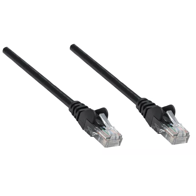 Intellinet tīkla komutācijas kabelis, Cat5e, 1,5 m, melns, CCA, SF/UTP, PVC, RJ45, zelta pārklājuma kontakti, bezķeršanās, aizsarguzmava, mūža garantija, polietilēna maisiņā