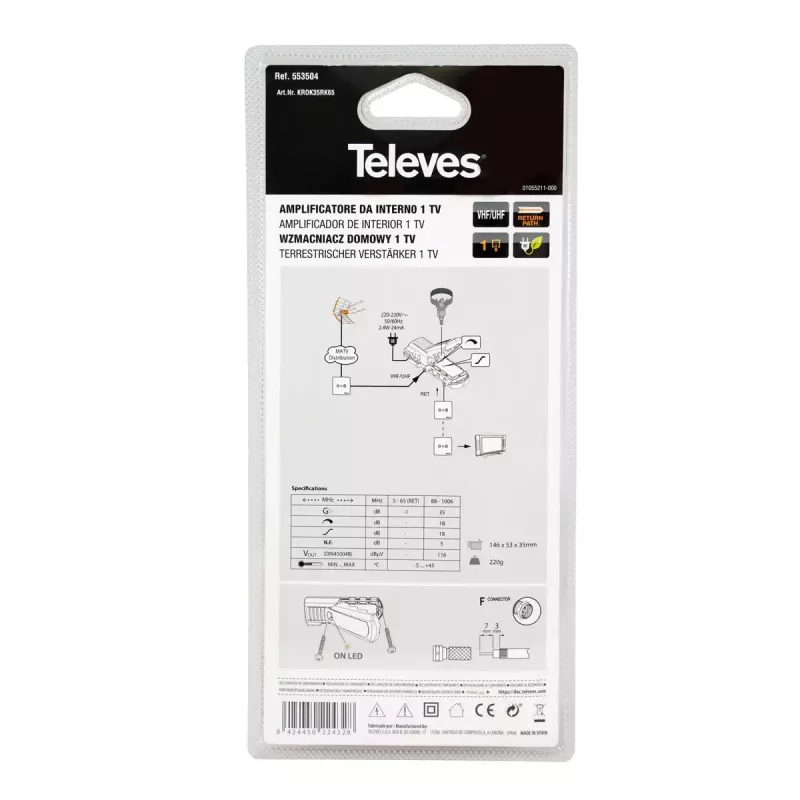 TV signāla pastiprinātājs Televes 553504 88 - 1006 MHz F savienotājs AC 220 - 230 V