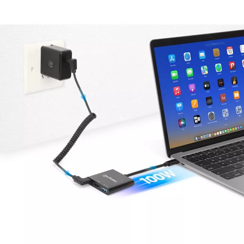 Manhattan USB-C dokstacija/sadalītājs, porti (x3): HDMI, USB-A un USB-C, ar strāvas piegādi (100W) USB-C portam (piezīme: nepieciešams papildu USB-C sienas lādētājs un USB-C kabelis), universāla visām ierīcēm, kabelis 10cm, melna, trīs gadu garantija