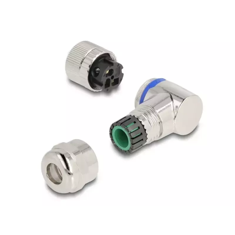DeLOCK M12 savienotājs A-kodēts 3 kontaktu, sievišķais, 90° leņķis, metāls