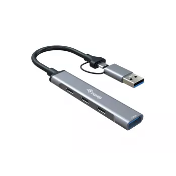 USB 3.2 Gen 1 4-portu centrmezgls EQUIP — 3× USB‑C + 1× USB‑A, 5 Gbit/s, alumīnijs, pelēks