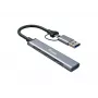 USB 3.2 Gen 1 4-portu centrmezgls EQUIP — 3× USB‑C + 1× USB‑A, 5 Gbit/s, alumīnijs, pelēks
