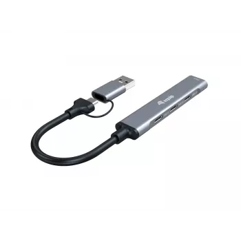 USB 3.2 Gen 1 4-portu centrmezgls EQUIP — 3× USB‑C + 1× USB‑A, 5 Gbit/s, alumīnijs, pelēks
