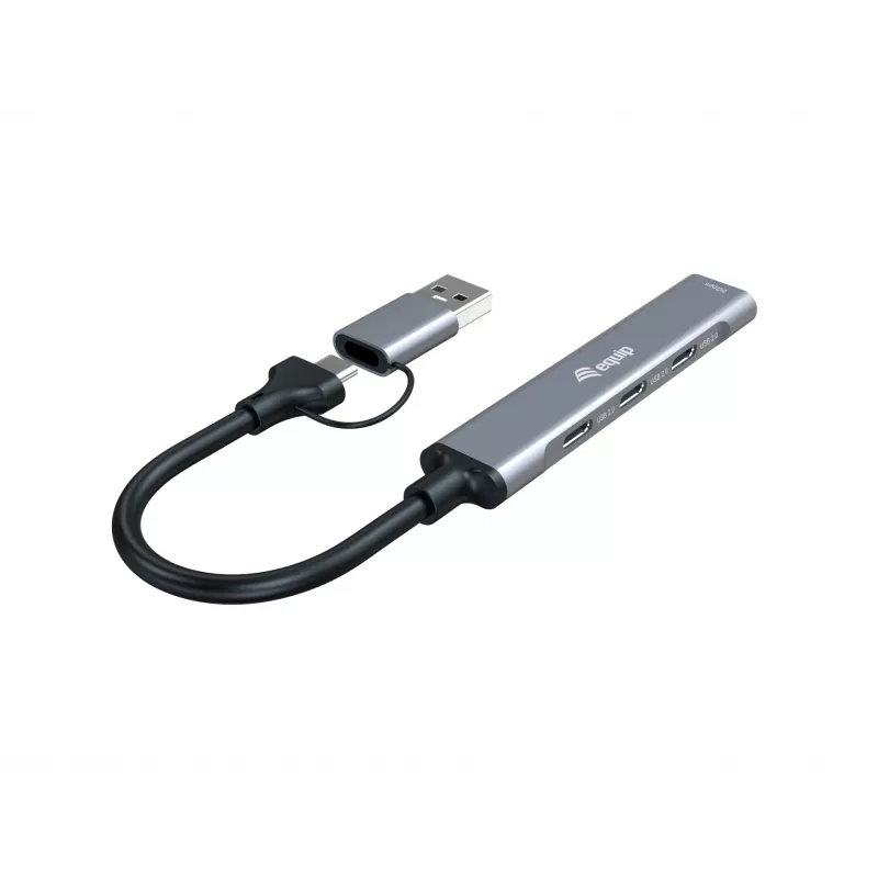 USB 3.2 Gen 1 4-portu centrmezgls EQUIP — 3× USB‑C + 1× USB‑A, 5 Gbit/s, alumīnijs, pelēks