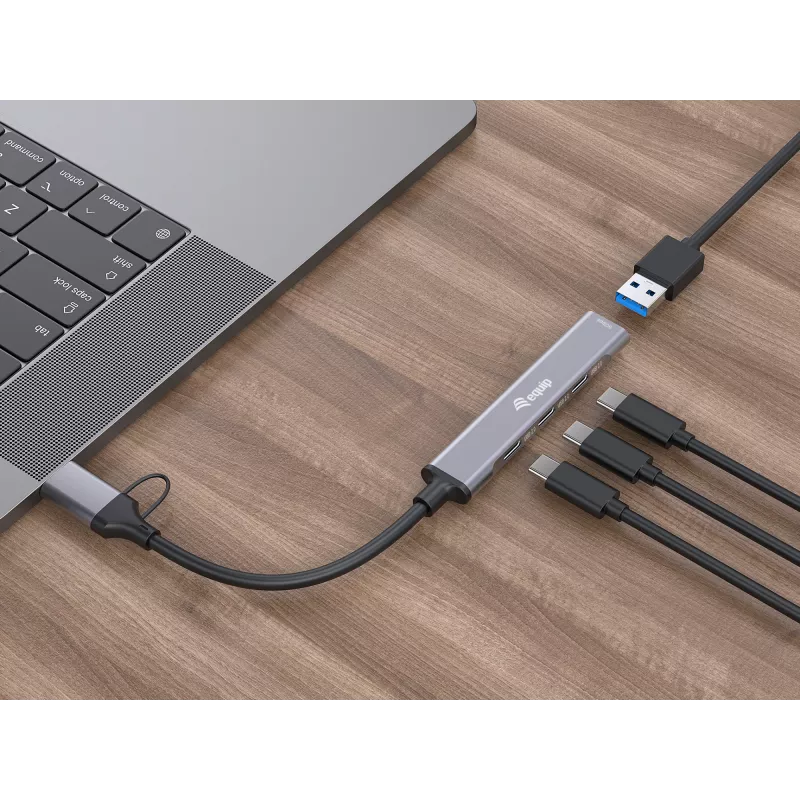 USB 3.2 Gen 1 4-portu centrmezgls EQUIP — 3× USB‑C + 1× USB‑A, 5 Gbit/s, alumīnijs, pelēks