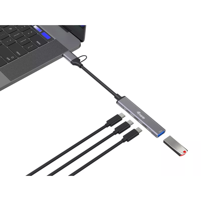 USB 3.2 Gen 1 4-portu centrmezgls EQUIP — 3× USB‑C + 1× USB‑A, 5 Gbit/s, alumīnijs, pelēks