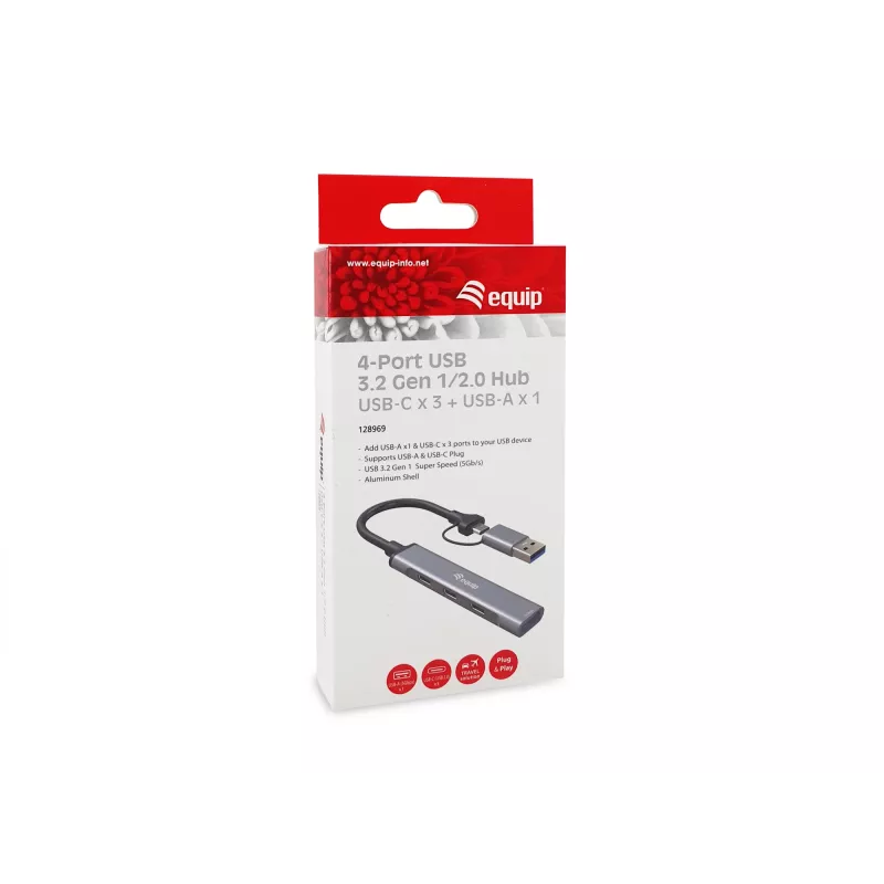 USB 3.2 Gen 1 4-portu centrmezgls EQUIP — 3× USB‑C + 1× USB‑A, 5 Gbit/s, alumīnijs, pelēks