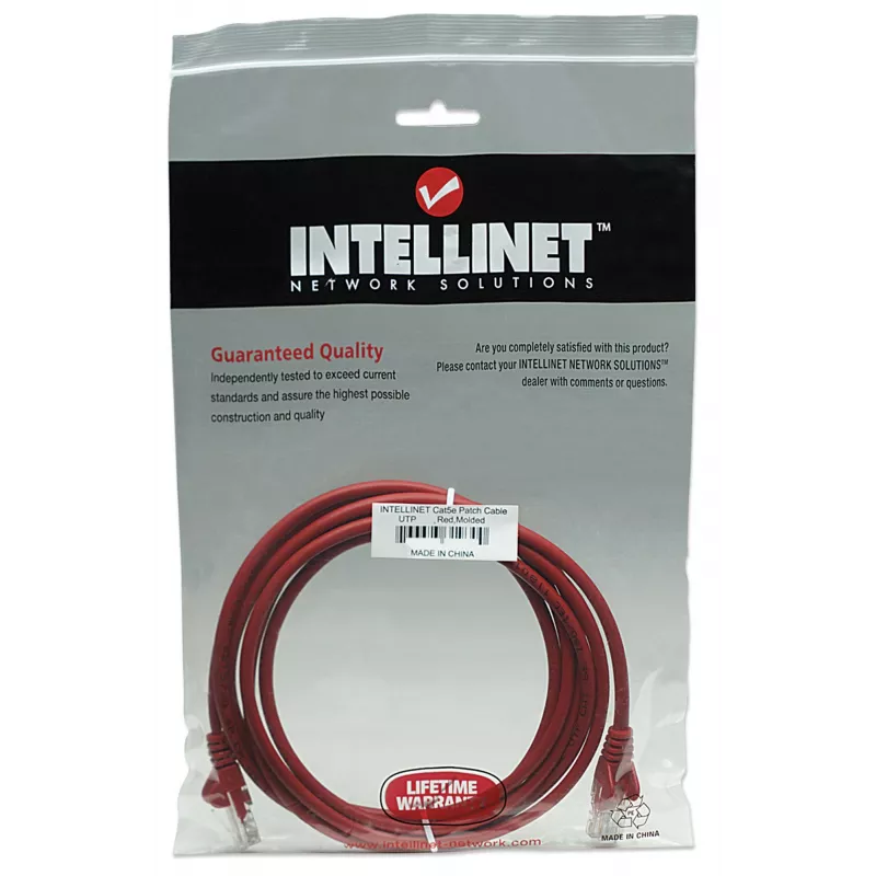 Intellinet tīkla komutācijas kabelis, Cat5e, 15 m, sarkans, CCA, U/UTP, PVC, RJ45, zeltīti kontakti, bez aizķeršanās, ar aizsargapvalku, mūža garantija