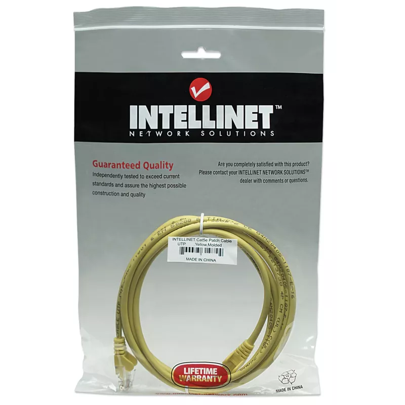 Intellinet tīkla komutācijas kabelis, Cat5e, 15 m, dzeltens, CCA, U/UTP, PVC, RJ45, zeltīti kontakti, bez aizķeršanās, ar aizsargapvalku, mūža garantija