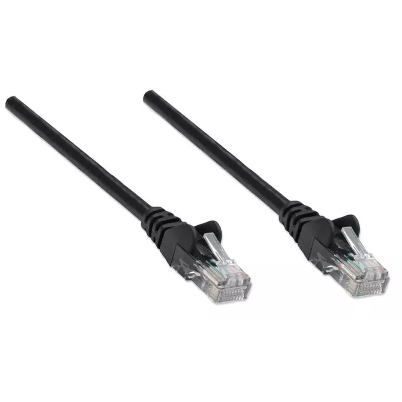 Intellinet tīkla komutācijas kabelis, Cat6, 7,5 m, melns, CCA, U/UTP, PVC, RJ45, apzeltīti kontakti, bez aizķeršanās, ar aizsargapvalku, mūža garantija