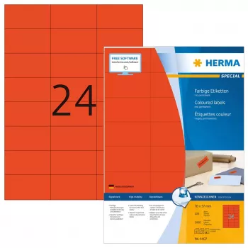 Etiķetes HERMA krāsainas A4 70x37 mm sarkanas papīra matētas 2400 gab.