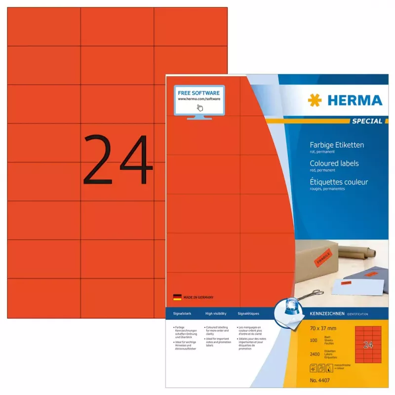 Etiķetes HERMA krāsainas A4 70x37 mm sarkanas papīra matētas 2400 gab.