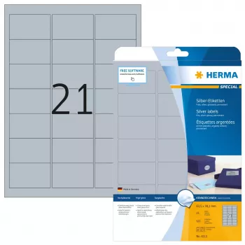 Pašlīmējošā printera etiķete HERMA Labels A4 63,5x38,1 mm sudraba plēve spīdīga