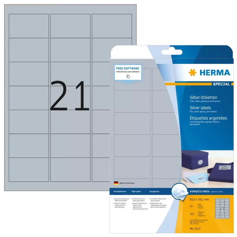 Pašlīmējošā printera etiķete HERMA Labels A4 63,5x38,1 mm sudraba plēve spīdīga