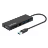 Manhattan USB-A dokotava/caurlaides centrs, pieslēgvietas (x5): Ethernet, HDMI, USB-A (x2) un VGA, Micro-USB barošanas ievades pieslēgvieta (pēc izvēles, tikai tad, ja nepieciešama papildu jauda. Nav obligāta divu monitoru funkcionalitātei. Kabelis nav iekļauts komplektā), alumīnijs, melns, trīs gadu garantija