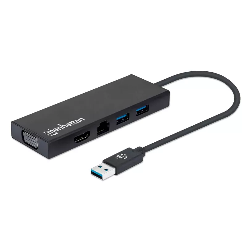 Manhattan USB-A dokotava/caurlaides centrs, pieslēgvietas (x5): Ethernet, HDMI, USB-A (x2) un VGA, Micro-USB barošanas ievades pieslēgvieta (pēc izvēles, tikai tad, ja nepieciešama papildu jauda. Nav obligāta divu monitoru funkcionalitātei. Kabelis nav iekļauts komplektā), alumīnijs, melns, trīs gadu garantija