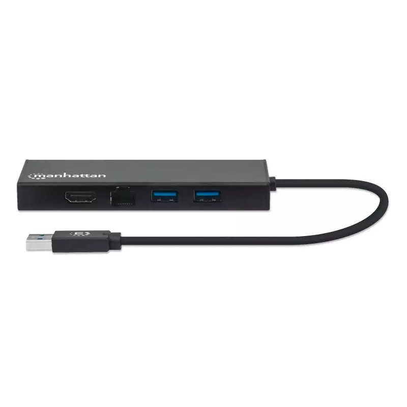 Manhattan USB-A dokotava/caurlaides centrs, pieslēgvietas (x5): Ethernet, HDMI, USB-A (x2) un VGA, Micro-USB barošanas ievades pieslēgvieta (pēc izvēles, tikai tad, ja nepieciešama papildu jauda. Nav obligāta divu monitoru funkcionalitātei. Kabelis nav iekļauts komplektā), alumīnijs, melns, trīs gadu garantija