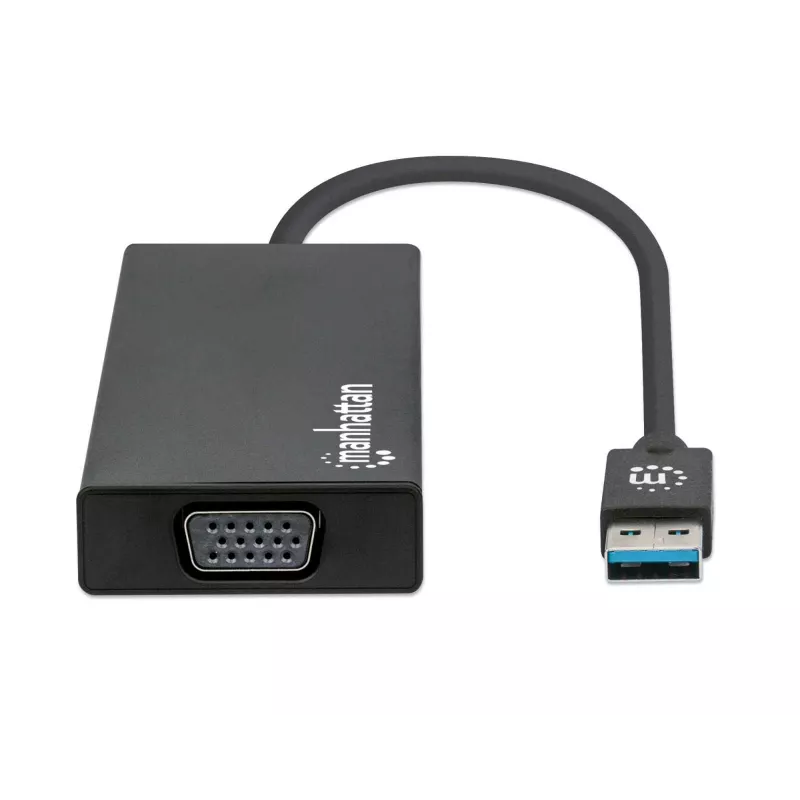 Manhattan USB-A dokotava/caurlaides centrs, pieslēgvietas (x5): Ethernet, HDMI, USB-A (x2) un VGA, Micro-USB barošanas ievades pieslēgvieta (pēc izvēles, tikai tad, ja nepieciešama papildu jauda. Nav obligāta divu monitoru funkcionalitātei. Kabelis nav iekļauts komplektā), alumīnijs, melns, trīs gadu garantija