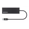 Manhattan USB-A dokotava/caurlaides centrs, pieslēgvietas (x5): Ethernet, HDMI, USB-A (x2) un VGA, Micro-USB barošanas ievades pieslēgvieta (pēc izvēles, tikai tad, ja nepieciešama papildu jauda. Nav obligāta divu monitoru funkcionalitātei. Kabelis nav iekļauts komplektā), alumīnijs, melns, trīs gadu garantija