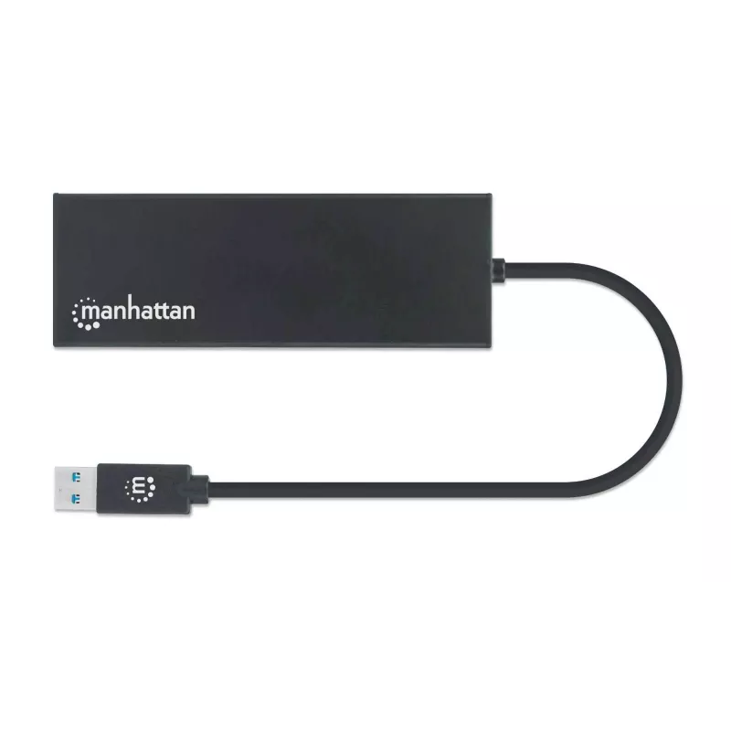 Manhattan USB-A dokotava/caurlaides centrs, pieslēgvietas (x5): Ethernet, HDMI, USB-A (x2) un VGA, Micro-USB barošanas ievades pieslēgvieta (pēc izvēles, tikai tad, ja nepieciešama papildu jauda. Nav obligāta divu monitoru funkcionalitātei. Kabelis nav iekļauts komplektā), alumīnijs, melns, trīs gadu garantija