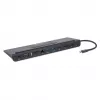Manhattan USB-C dokstacija/centrmezgls ar karšu lasītāju un MST, pieslēgvietas (x9): Audio 3.5mm, DisplayPort, Ethernet, HDMI, USB-A (x3), USB-C un VGA, ar Power Delivery (100W) USB-C pieslēgvietai (Piezīme: nepieciešams USB-C sienas lādētājs un USB-C kabelis), Visas pieslēgvietas var izmantot vienlaicīgi