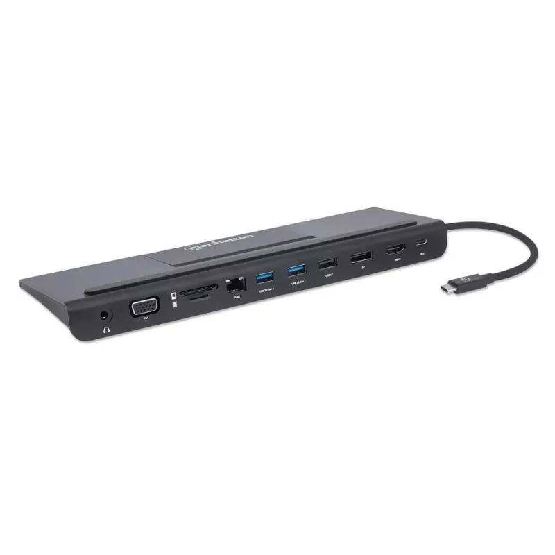 Manhattan USB-C dokstacija/centrmezgls ar karšu lasītāju un MST, pieslēgvietas (x9): Audio 3.5mm, DisplayPort, Ethernet, HDMI, USB-A (x3), USB-C un VGA, ar Power Delivery (100W) USB-C pieslēgvietai (Piezīme: nepieciešams USB-C sienas lādētājs un USB-C kabelis), Visas pieslēgvietas var izmantot vienlaicīgi