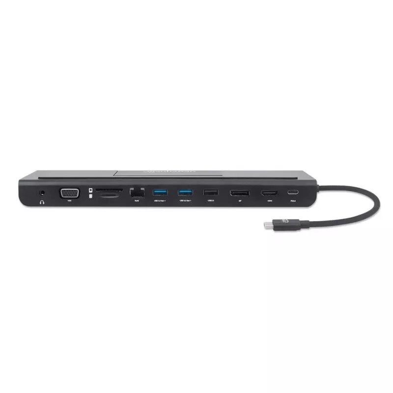 Manhattan USB-C dokstacija/centrmezgls ar karšu lasītāju un MST, pieslēgvietas (x9): Audio 3.5mm, DisplayPort, Ethernet, HDMI, USB-A (x3), USB-C un VGA, ar Power Delivery (100W) USB-C pieslēgvietai (Piezīme: nepieciešams USB-C sienas lādētājs un USB-C kabelis), Visas pieslēgvietas var izmantot vienlaicīgi