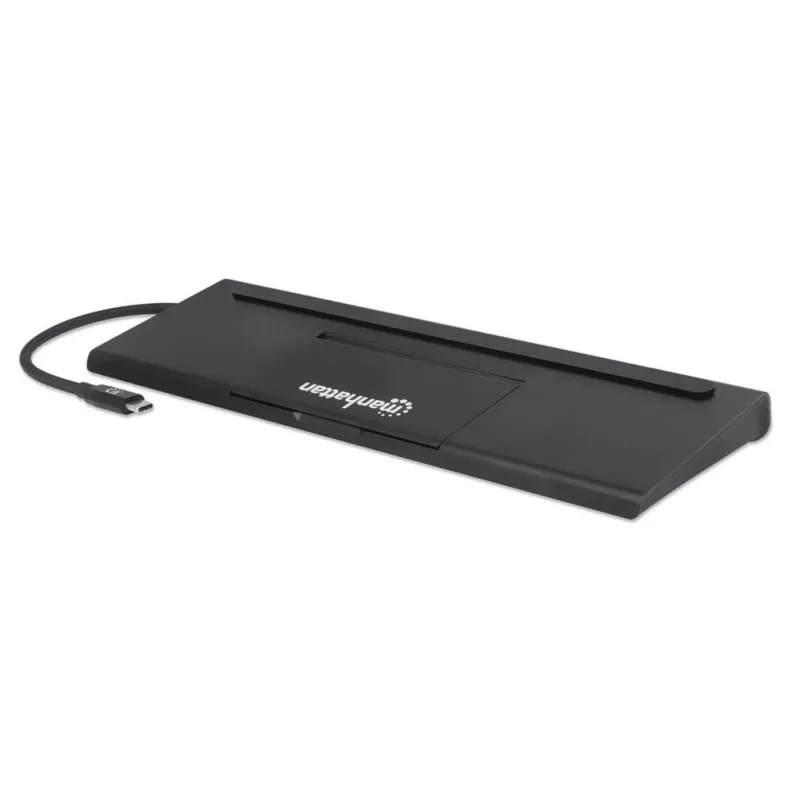 Manhattan USB-C dokstacija/centrmezgls ar karšu lasītāju un MST, pieslēgvietas (x9): Audio 3.5mm, DisplayPort, Ethernet, HDMI, USB-A (x3), USB-C un VGA, ar Power Delivery (100W) USB-C pieslēgvietai (Piezīme: nepieciešams USB-C sienas lādētājs un USB-C kabelis), Visas pieslēgvietas var izmantot vienlaicīgi