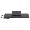 Manhattan USB-C dokstacija/centrmezgls ar karšu lasītāju un MST, pieslēgvietas (x9): Audio 3.5mm, DisplayPort, Ethernet, HDMI, USB-A (x3), USB-C un VGA, ar Power Delivery (100W) USB-C pieslēgvietai (Piezīme: nepieciešams USB-C sienas lādētājs un USB-C kabelis), Visas pieslēgvietas var izmantot vienlaicīgi