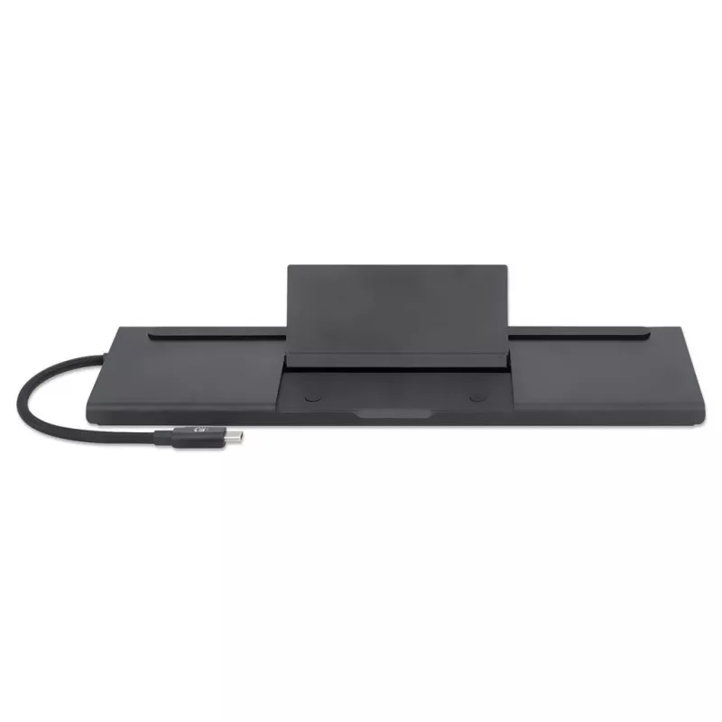 Manhattan USB-C dokstacija/centrmezgls ar karšu lasītāju un MST, pieslēgvietas (x9): Audio 3.5mm, DisplayPort, Ethernet, HDMI, USB-A (x3), USB-C un VGA, ar Power Delivery (100W) USB-C pieslēgvietai (Piezīme: nepieciešams USB-C sienas lādētājs un USB-C kabelis), Visas pieslēgvietas var izmantot vienlaicīgi