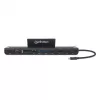 Manhattan USB-C dokstacija/centrmezgls ar karšu lasītāju un MST, pieslēgvietas (x9): Audio 3.5mm, DisplayPort, Ethernet, HDMI, USB-A (x3), USB-C un VGA, ar Power Delivery (100W) USB-C pieslēgvietai (Piezīme: nepieciešams USB-C sienas lādētājs un USB-C kabelis), Visas pieslēgvietas var izmantot vienlaicīgi