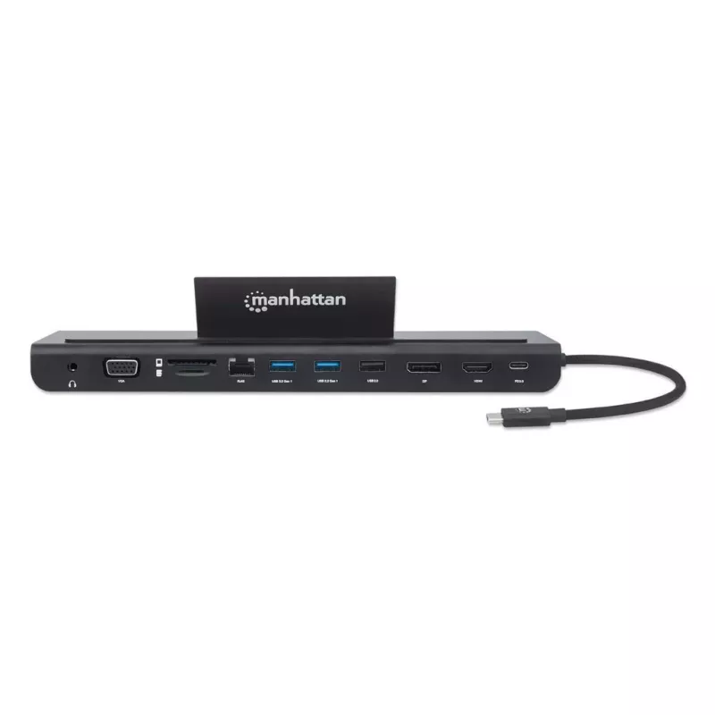 Manhattan USB-C dokstacija/centrmezgls ar karšu lasītāju un MST, pieslēgvietas (x9): Audio 3.5mm, DisplayPort, Ethernet, HDMI, USB-A (x3), USB-C un VGA, ar Power Delivery (100W) USB-C pieslēgvietai (Piezīme: nepieciešams USB-C sienas lādētājs un USB-C kabelis), Visas pieslēgvietas var izmantot vienlaicīgi