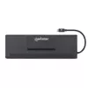 Manhattan USB-C dokstacija/centrmezgls ar karšu lasītāju un MST, pieslēgvietas (x9): Audio 3.5mm, DisplayPort, Ethernet, HDMI, USB-A (x3), USB-C un VGA, ar Power Delivery (100W) USB-C pieslēgvietai (Piezīme: nepieciešams USB-C sienas lādētājs un USB-C kabelis), Visas pieslēgvietas var izmantot vienlaicīgi