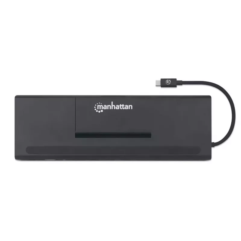Manhattan USB-C dokstacija/centrmezgls ar karšu lasītāju un MST, pieslēgvietas (x9): Audio 3.5mm, DisplayPort, Ethernet, HDMI, USB-A (x3), USB-C un VGA, ar Power Delivery (100W) USB-C pieslēgvietai (Piezīme: nepieciešams USB-C sienas lādētājs un USB-C kabelis), Visas pieslēgvietas var izmantot vienlaicīgi