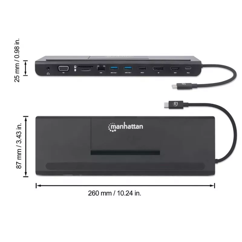 Manhattan USB-C dokstacija/centrmezgls ar karšu lasītāju un MST, pieslēgvietas (x9): Audio 3.5mm, DisplayPort, Ethernet, HDMI, USB-A (x3), USB-C un VGA, ar Power Delivery (100W) USB-C pieslēgvietai (Piezīme: nepieciešams USB-C sienas lādētājs un USB-C kabelis), Visas pieslēgvietas var izmantot vienlaicīgi