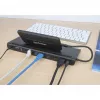 Manhattan USB-C dokstacija/centrmezgls ar karšu lasītāju un MST, pieslēgvietas (x9): Audio 3.5mm, DisplayPort, Ethernet, HDMI, USB-A (x3), USB-C un VGA, ar Power Delivery (100W) USB-C pieslēgvietai (Piezīme: nepieciešams USB-C sienas lādētājs un USB-C kabelis), Visas pieslēgvietas var izmantot vienlaicīgi