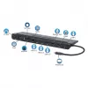 Manhattan USB-C dokstacija/centrmezgls ar karšu lasītāju un MST, pieslēgvietas (x9): Audio 3.5mm, DisplayPort, Ethernet, HDMI, USB-A (x3), USB-C un VGA, ar Power Delivery (100W) USB-C pieslēgvietai (Piezīme: nepieciešams USB-C sienas lādētājs un USB-C kabelis), Visas pieslēgvietas var izmantot vienlaicīgi