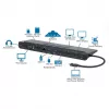 Manhattan USB-C dokstacija/centrmezgls ar karšu lasītāju un MST, pieslēgvietas (x9): Audio 3.5mm, DisplayPort, Ethernet, HDMI, USB-A (x3), USB-C un VGA, ar Power Delivery (100W) USB-C pieslēgvietai (Piezīme: nepieciešams USB-C sienas lādētājs un USB-C kabelis), Visas pieslēgvietas var izmantot vienlaicīgi