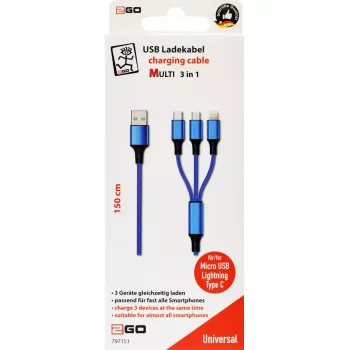 USB kabelis 2GO 797151 1.5m USB B USB C/Micro-USB B/Lightning melns zils