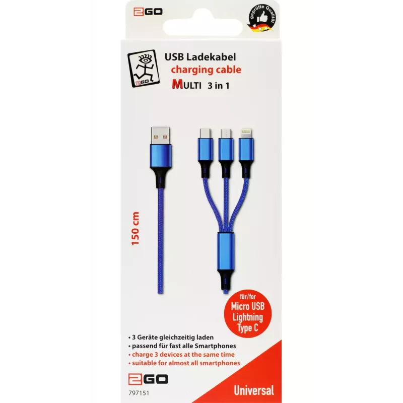 USB kabelis 2GO 797151 1.5m USB B USB C/Micro-USB B/Lightning melns zils
