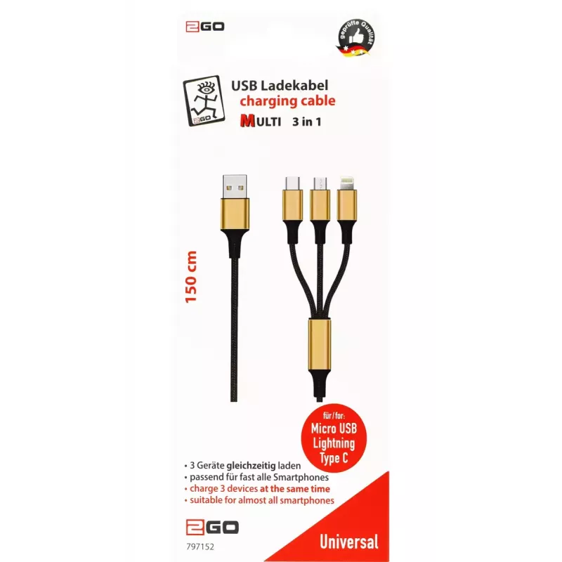 USB kabelis 2GO 797152 3 m USB B USB C/Micro-USB B/Lightning melns zelts