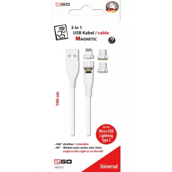 USB kabelis 2GO 797317 1m USB B USB C/Micro-USB B/Lightning Balta