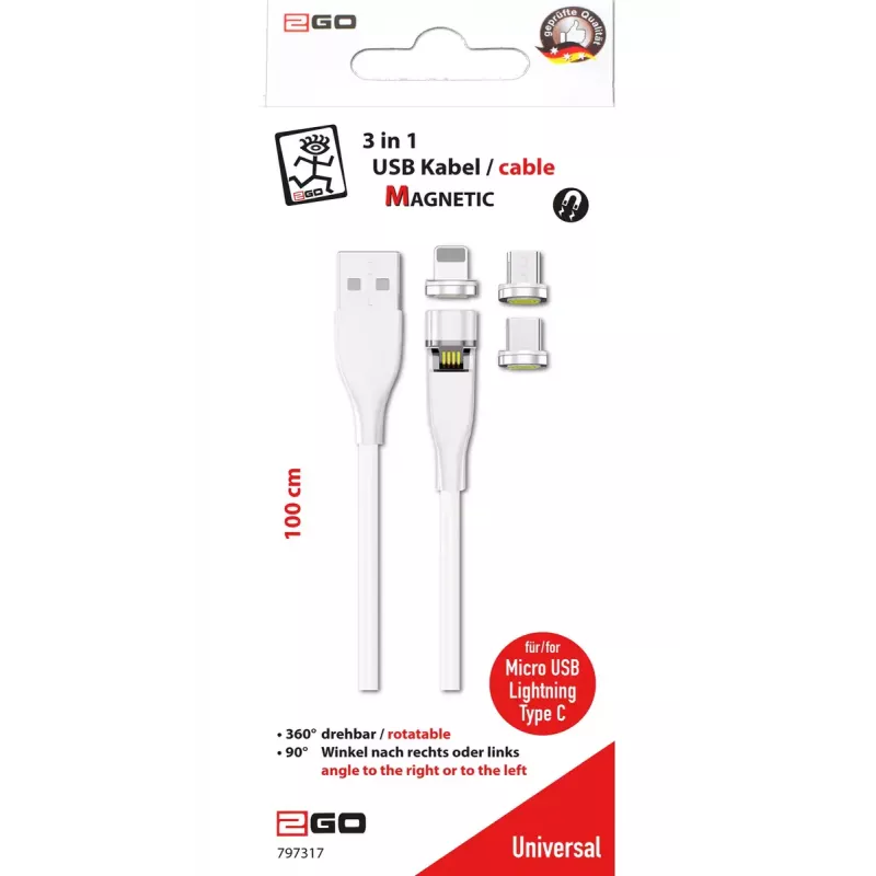 USB kabelis 2GO 797317 1m USB B USB C/Micro-USB B/Lightning Balta