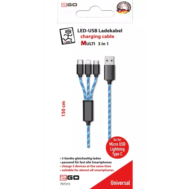 USB kabelis 2GO 797315 1,5m USB B USB C/Micro-USB B/Lightning melns zils