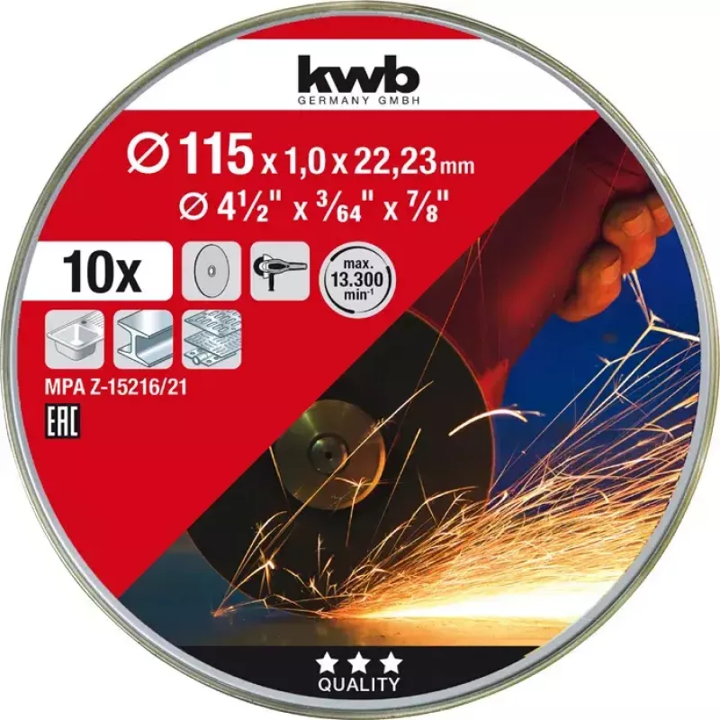 Griešanas disku komplekts kwb 712021 plāns griešanas disks, plakans centrs, 10 gab.
