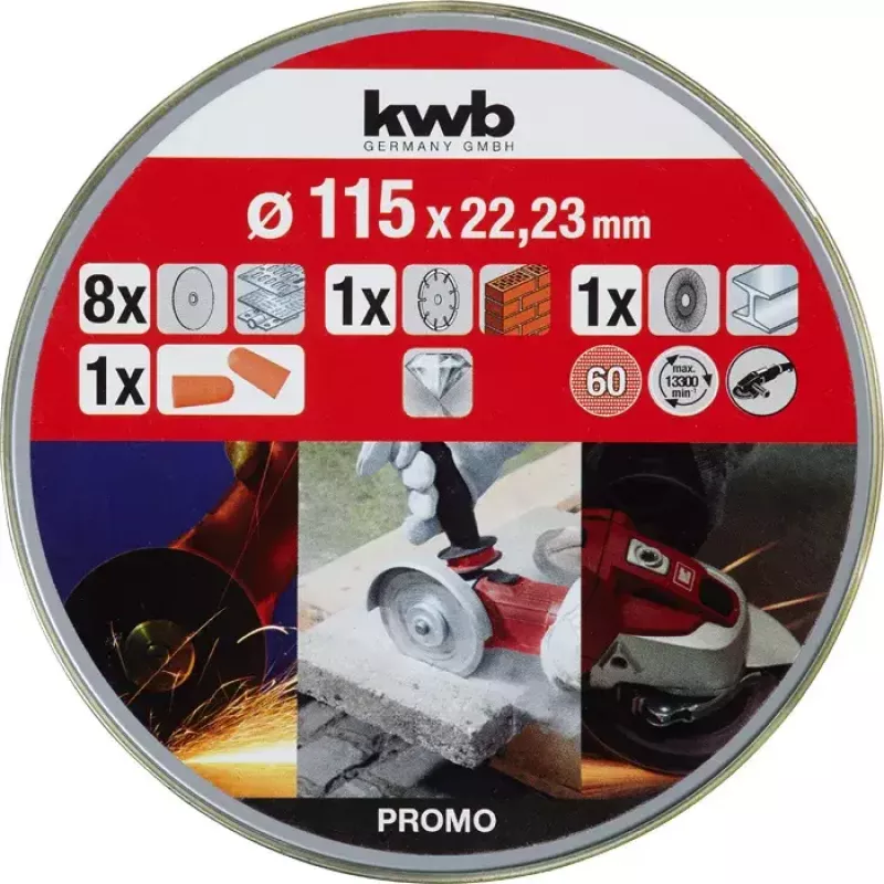 Griešanas disku komplekts KWB 712041 Starter Set 10 gab. ar plakanu centru ķieģeļiem, marmoram, tēraudam