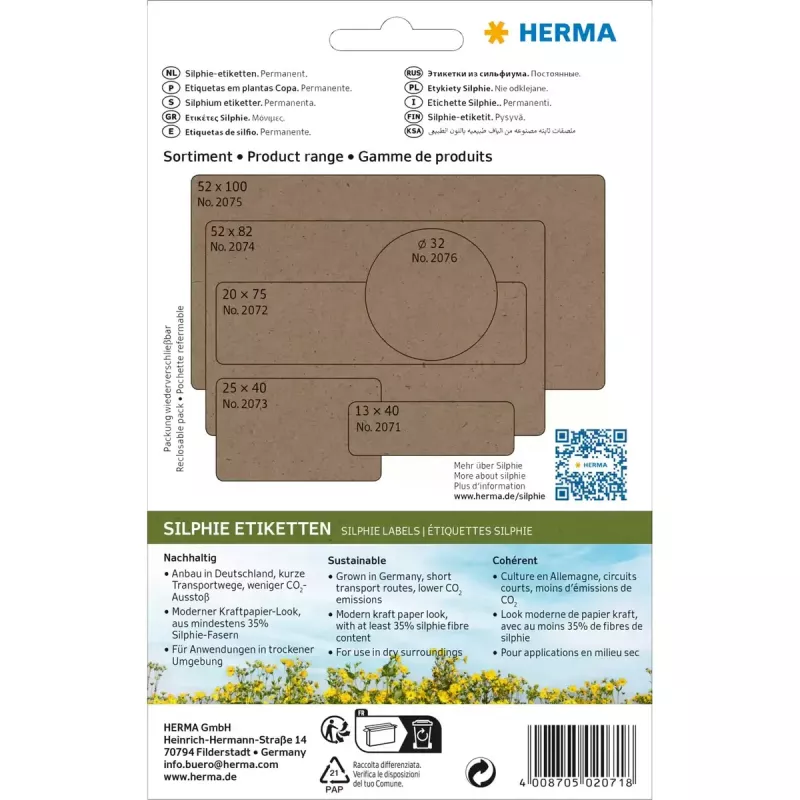 HERMA 2071 pašlīmējošā etiķete Noapaļots taisnstūris Pastāvīga Brūna 12x40mm 672 gab.