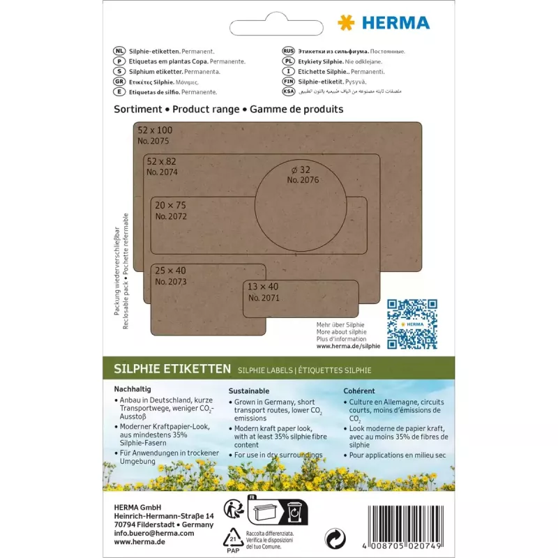 HERMA 2074 pašlīmējošā etiķete Noapaļots taisnstūris Pastāvīga Brūna 52x82 mm 96 gab.
