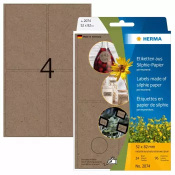 HERMA 2074 pašlīmējošā etiķete Noapaļots taisnstūris Pastāvīga Brūna 52x82 mm 96 gab.